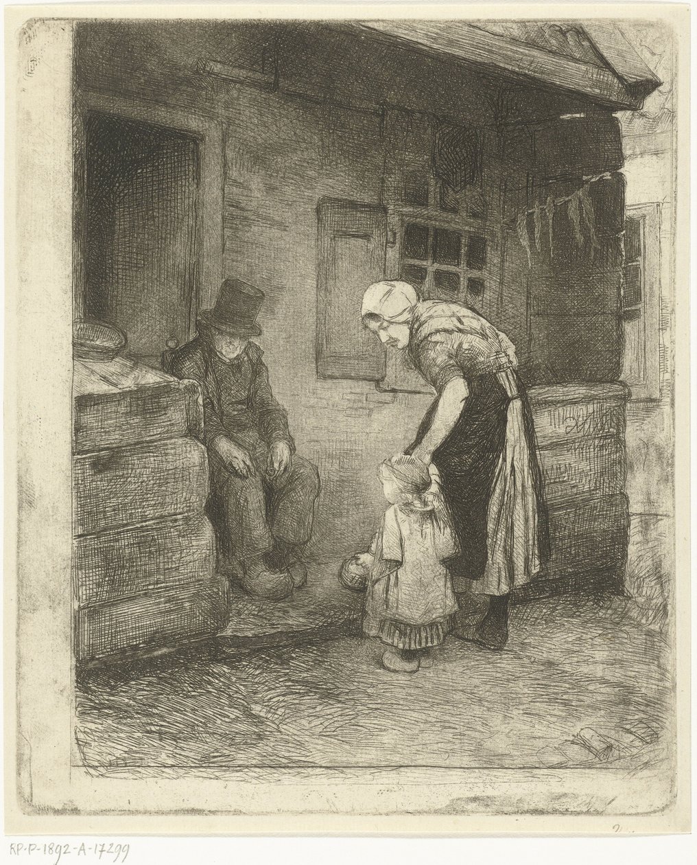 Vrouw met klein kind staat bij zittende oude man voor arbeiderswoning door Bernardus Johannes Blommers