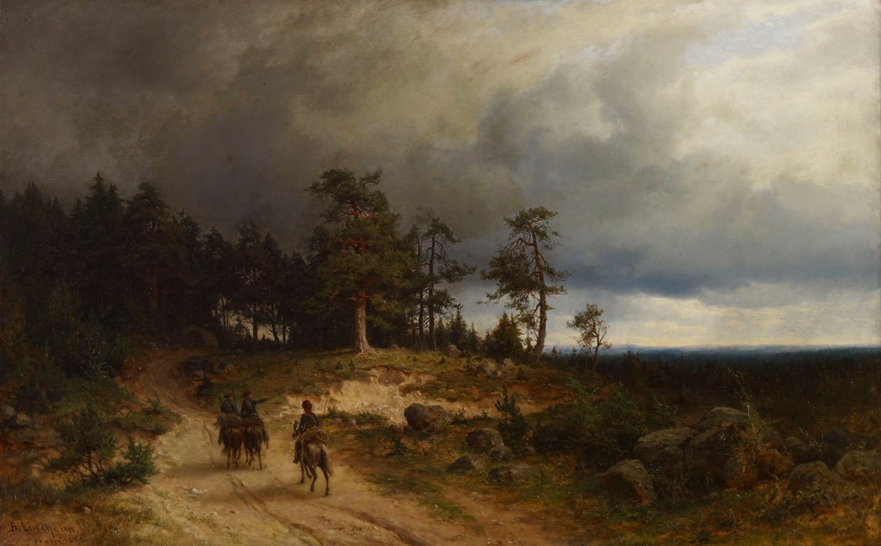 Landschap in Oost-Finland met bereden kozakken door Berndt Lindholm