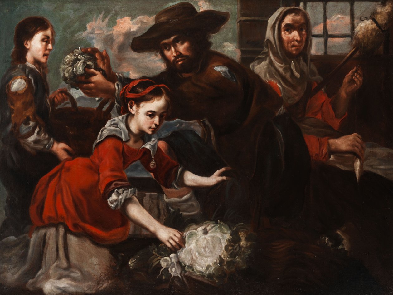 Marktscène met jonge koolverkoopster en een oude spinster door Bernhard Keil