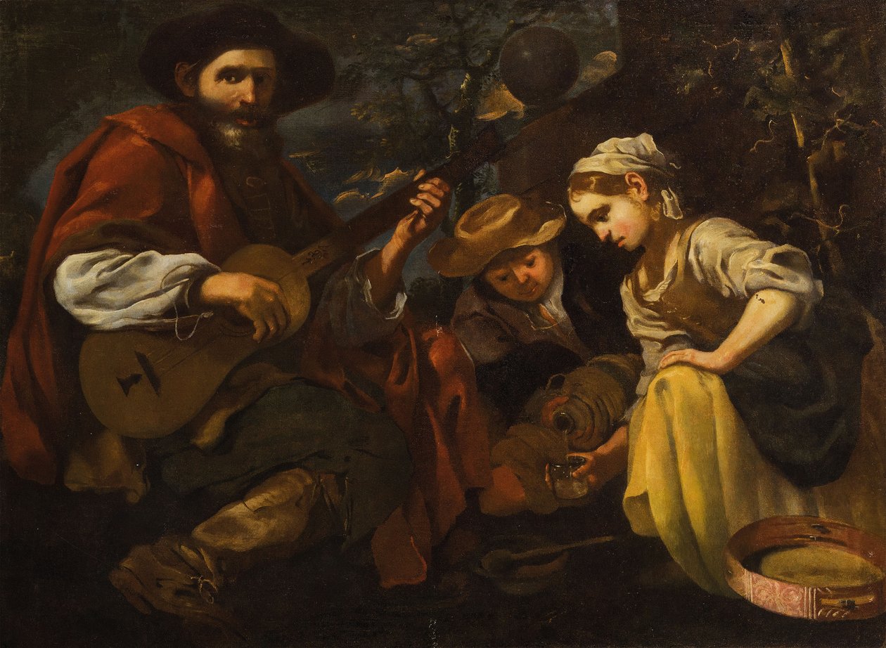Gitaarspeler met jongen en meisje (Allegorie van horen en proeven) door Bernhard Keil