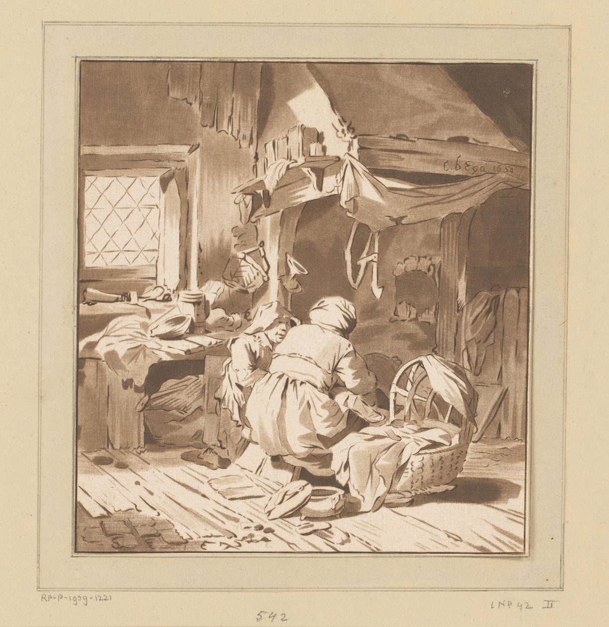 Boereninterieur met twee vrouwen door Bernhard Schreuder
