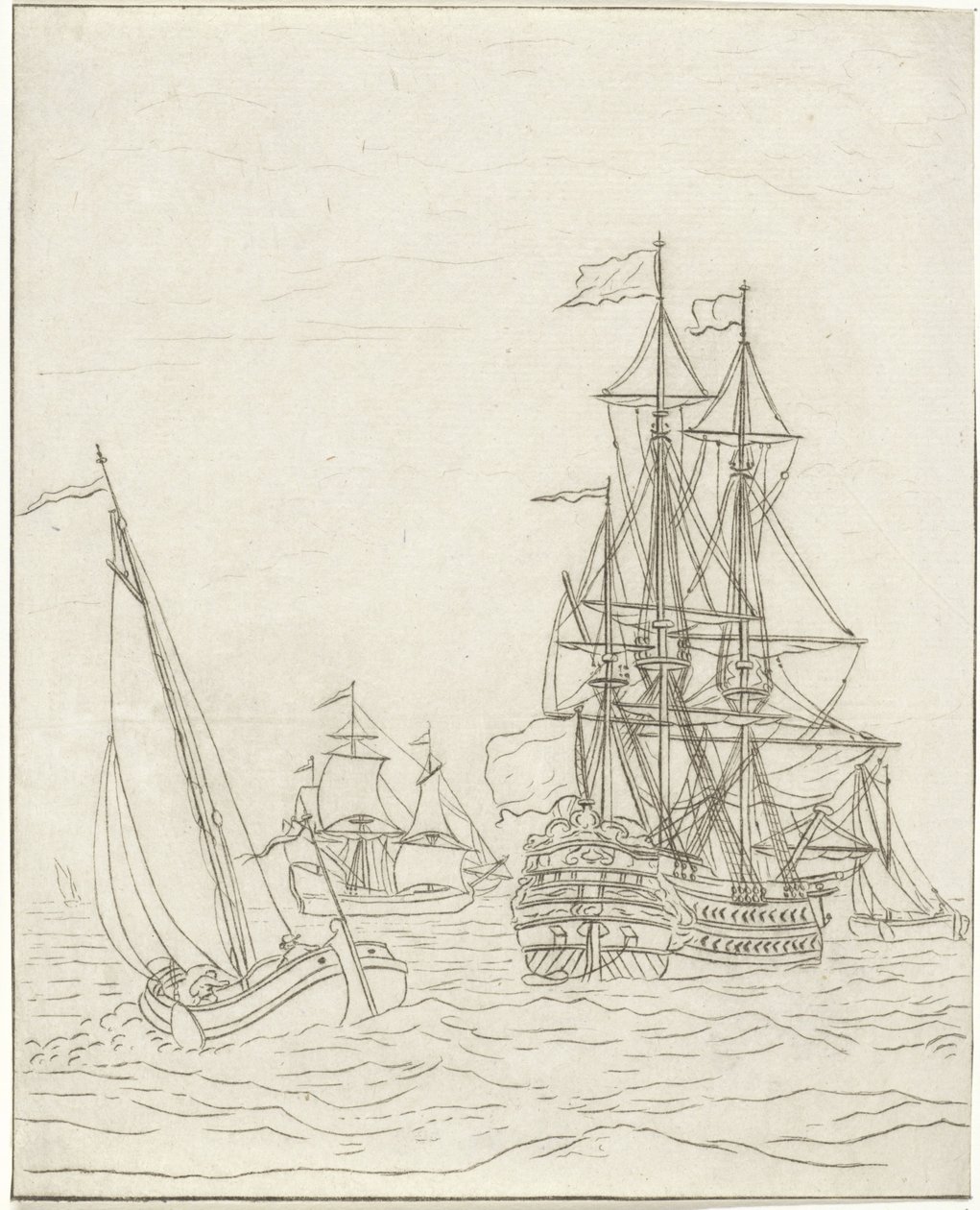 Oorlogschip en drie zeilschepen op volle zee door Bernhard Schreuder