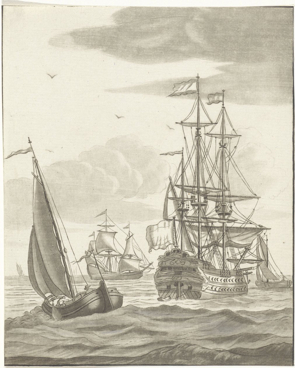 Oorlogschip en drie zeilschepen op volle zee door Bernhard Schreuder