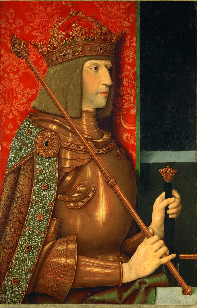 Keizer Maximiliaan I in harnas en koninklijke kroon (olieverf op hout) door Bernhard Strigel