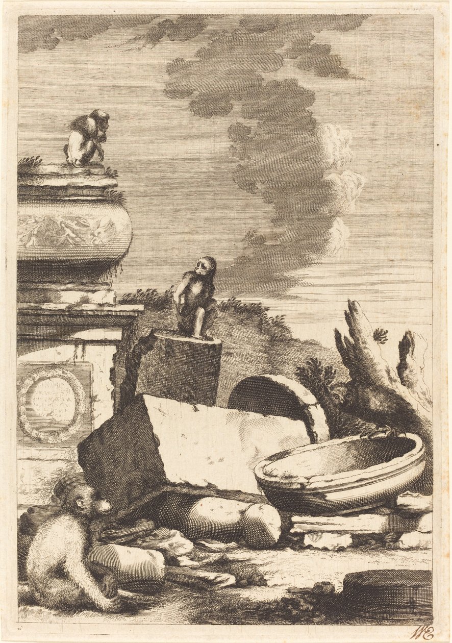 Ruïnes met Apen en een Uil door Bernhard Zaech after Jonas Umbach