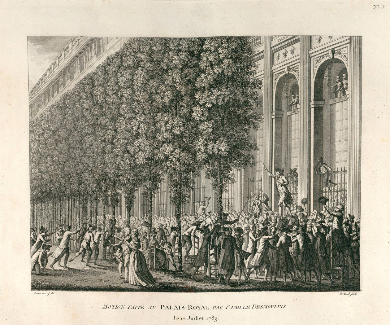 Motie gemaakt in het Palais Royal door Camille Desmoulins op 12 juli 1789 door Berthault