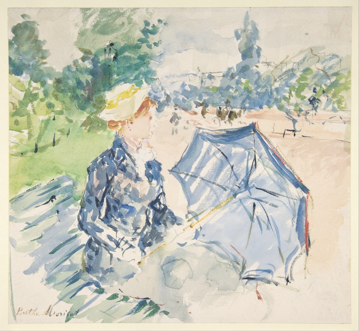 Een vrouw zittend op een bank aan de Avenue du Bois door Berthe Morisot