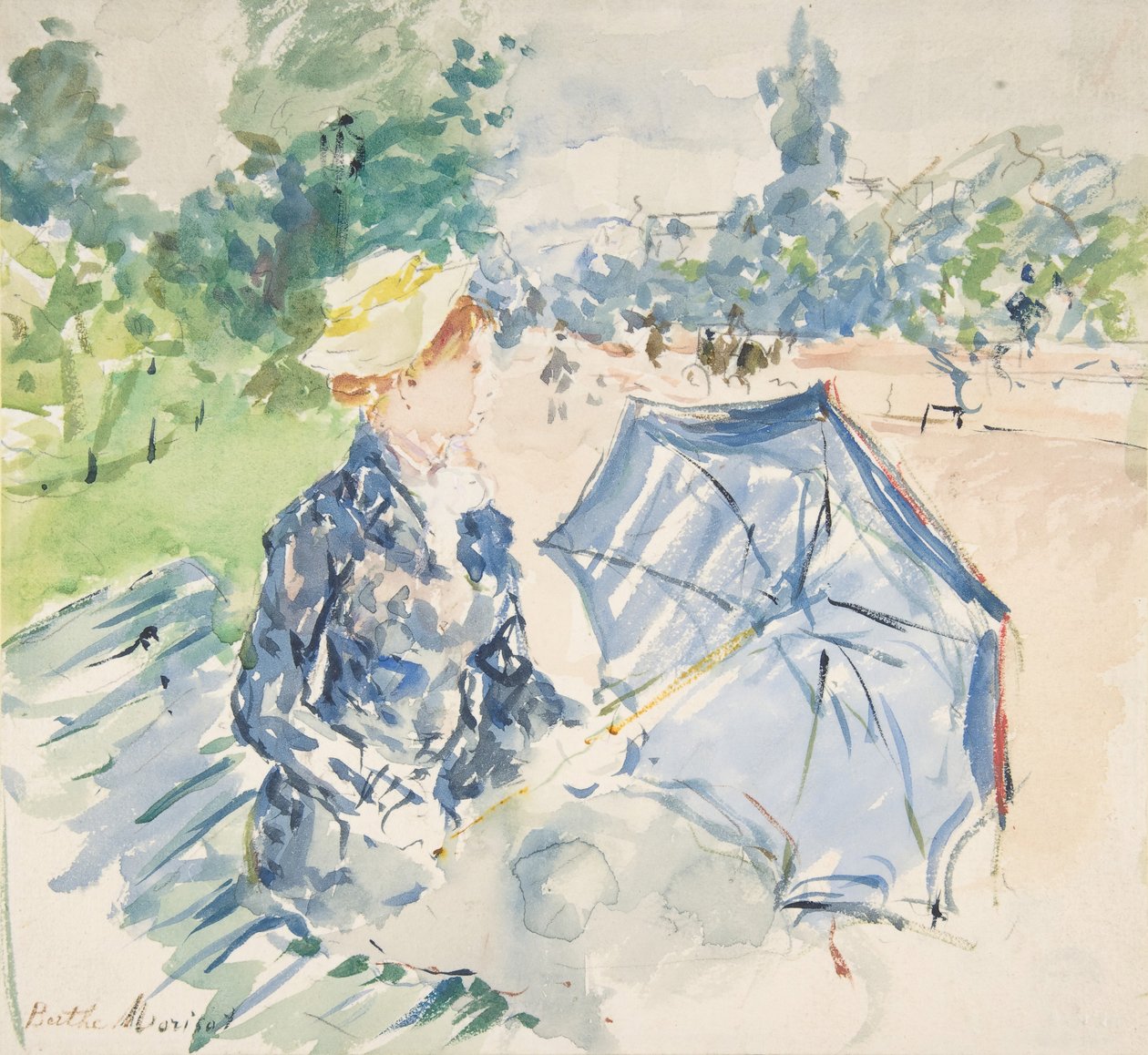 Een vrouw zittend op een bankje aan de Avenue du Bois, 1885 door Berthe Morisot