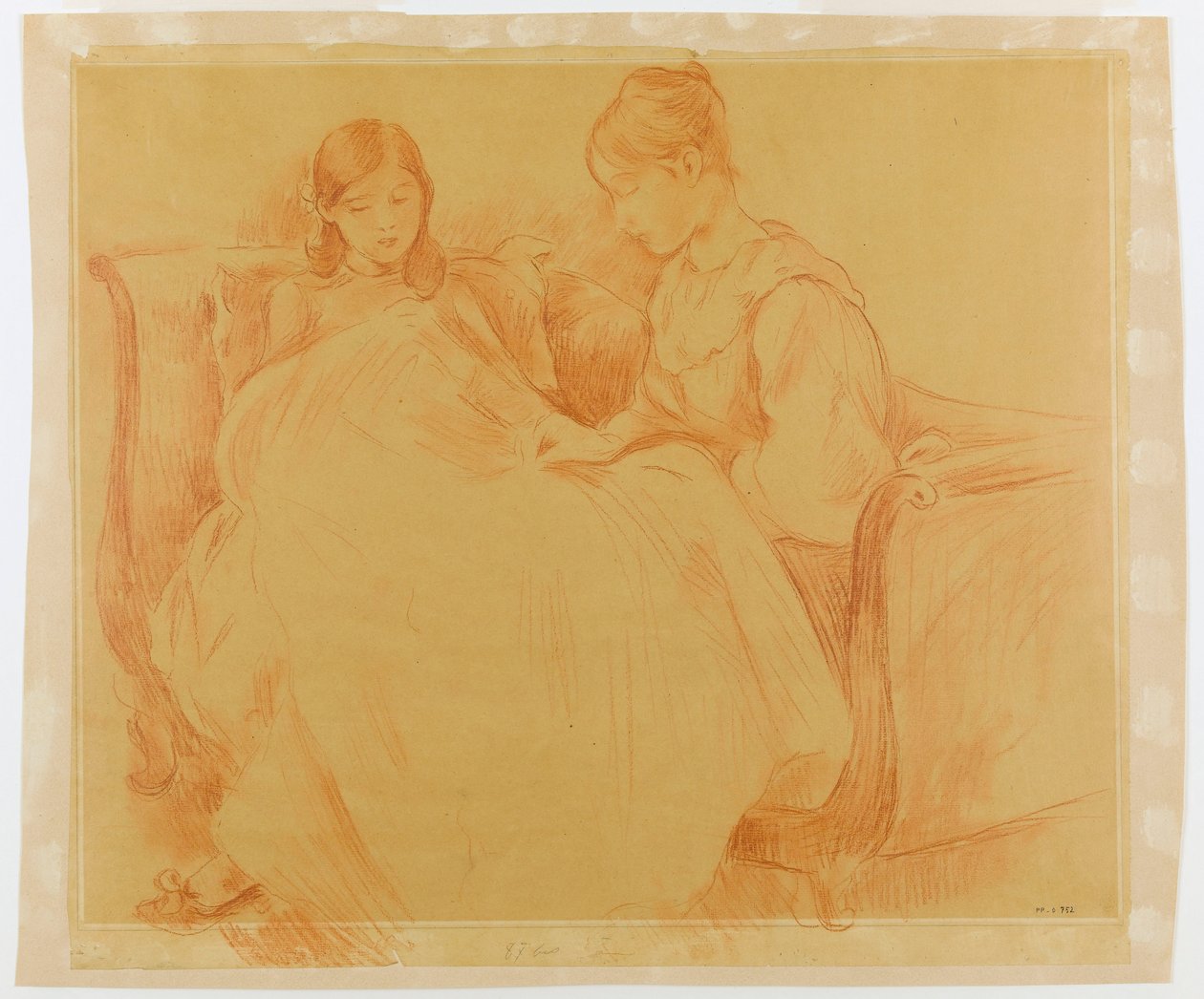 Studie van jonge meisjes die naaien door Berthe Morisot