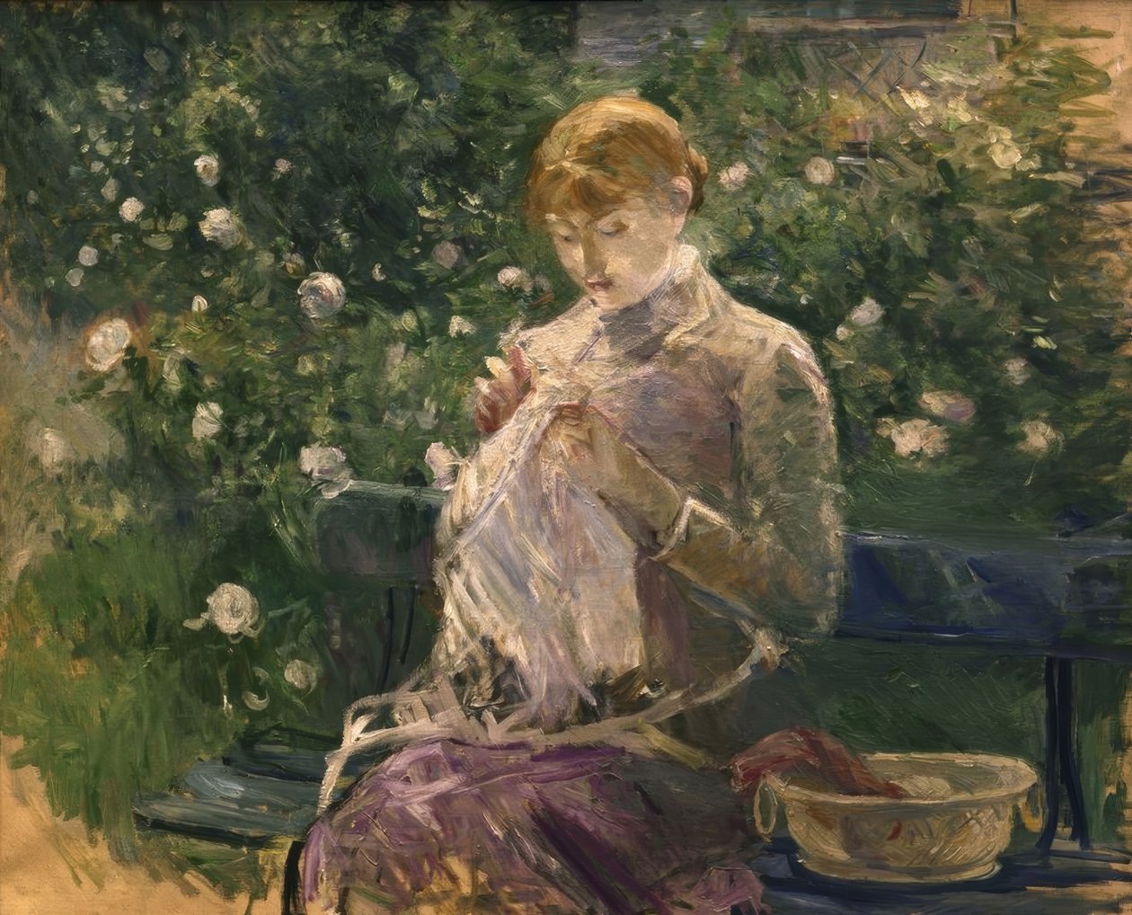 Pasie naait in de tuin van Bougival – 1881 door Berthe Morisot