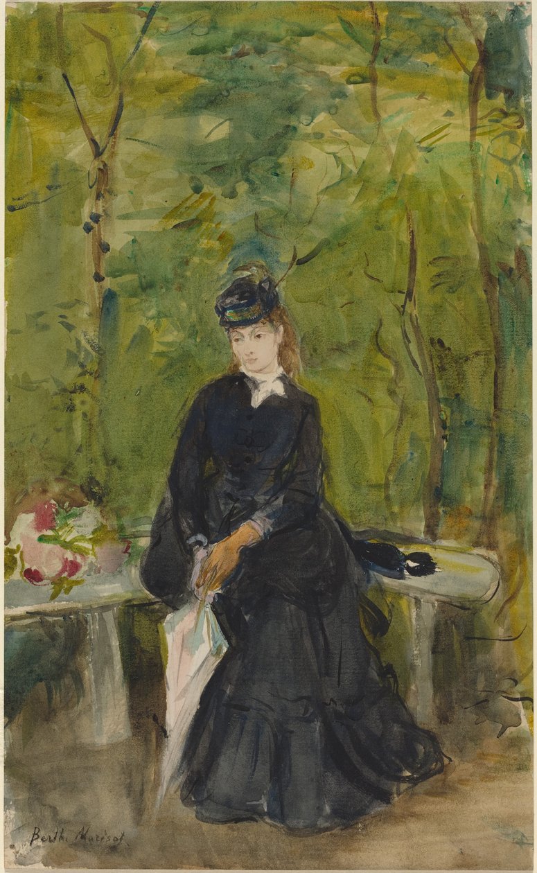 Edma, de zus van de kunstenaar, zittend op een bankje door Berthe Morisot