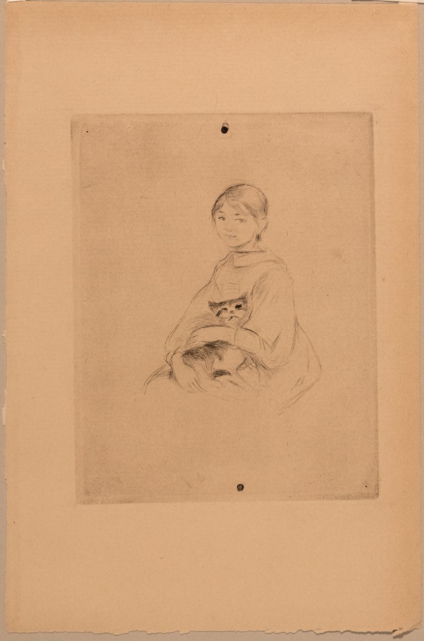 Jong meisje met kat, c.1888 (ets) door Berthe Morisot