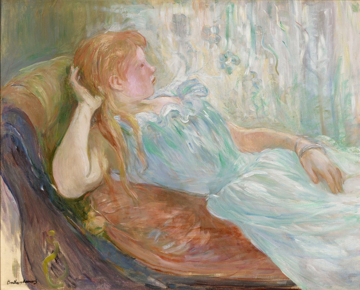Jonge vrouw op een bank door Berthe Morisot