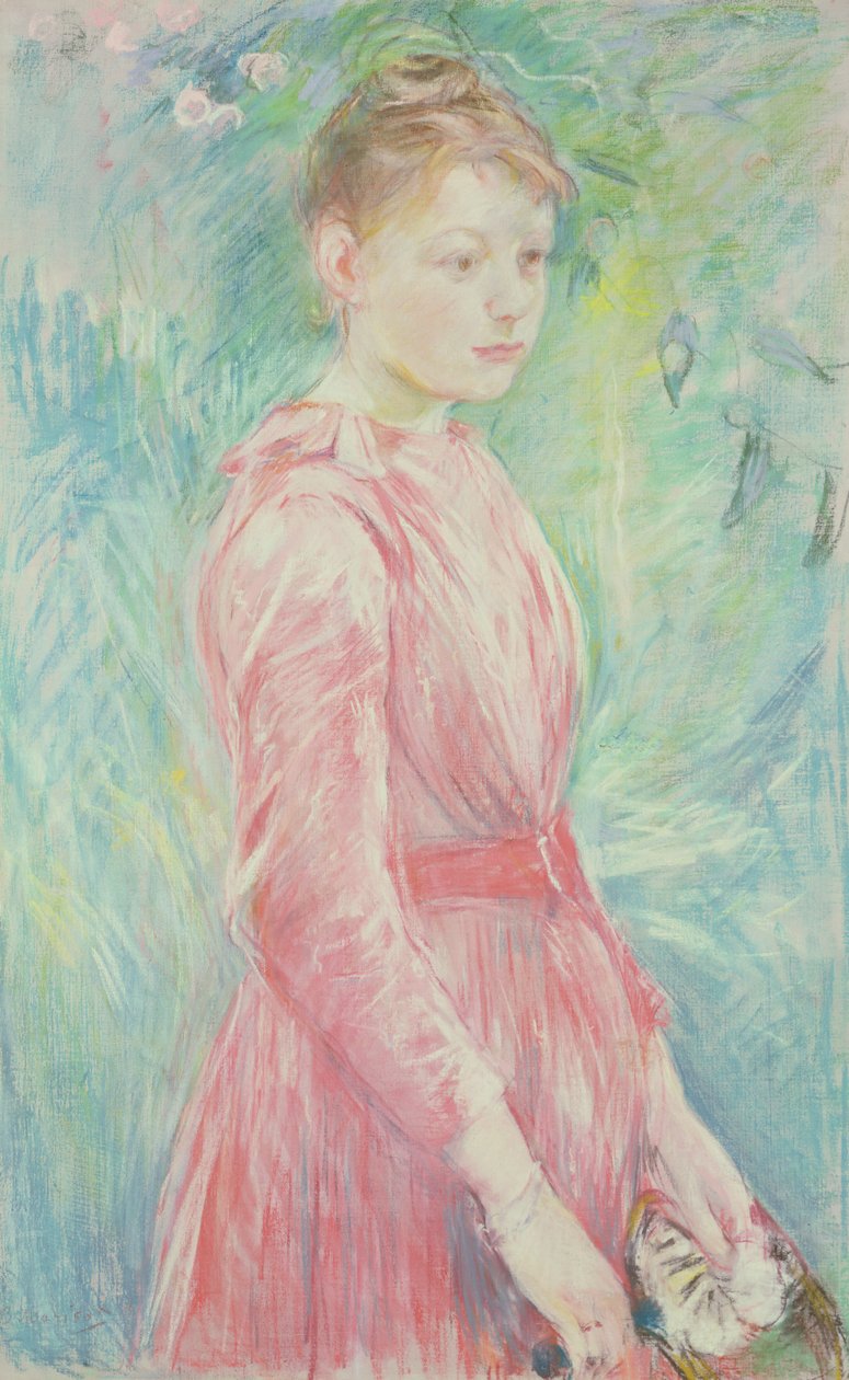 Jong meisje in een roze jurk (pastel op papier) door Berthe Morisot