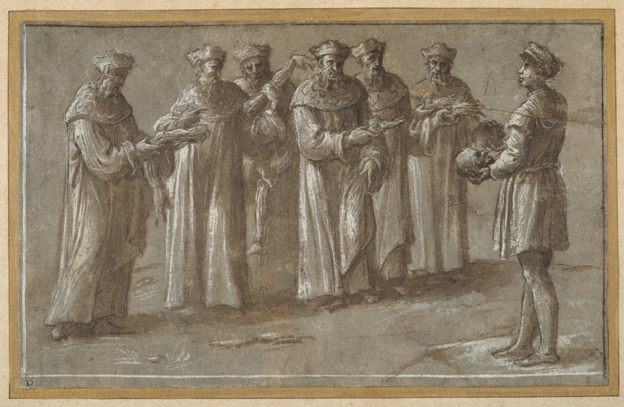 Zes professoren in de anatomie, die een schedel en gevilde ledematen bespreken door Biagio Pupini