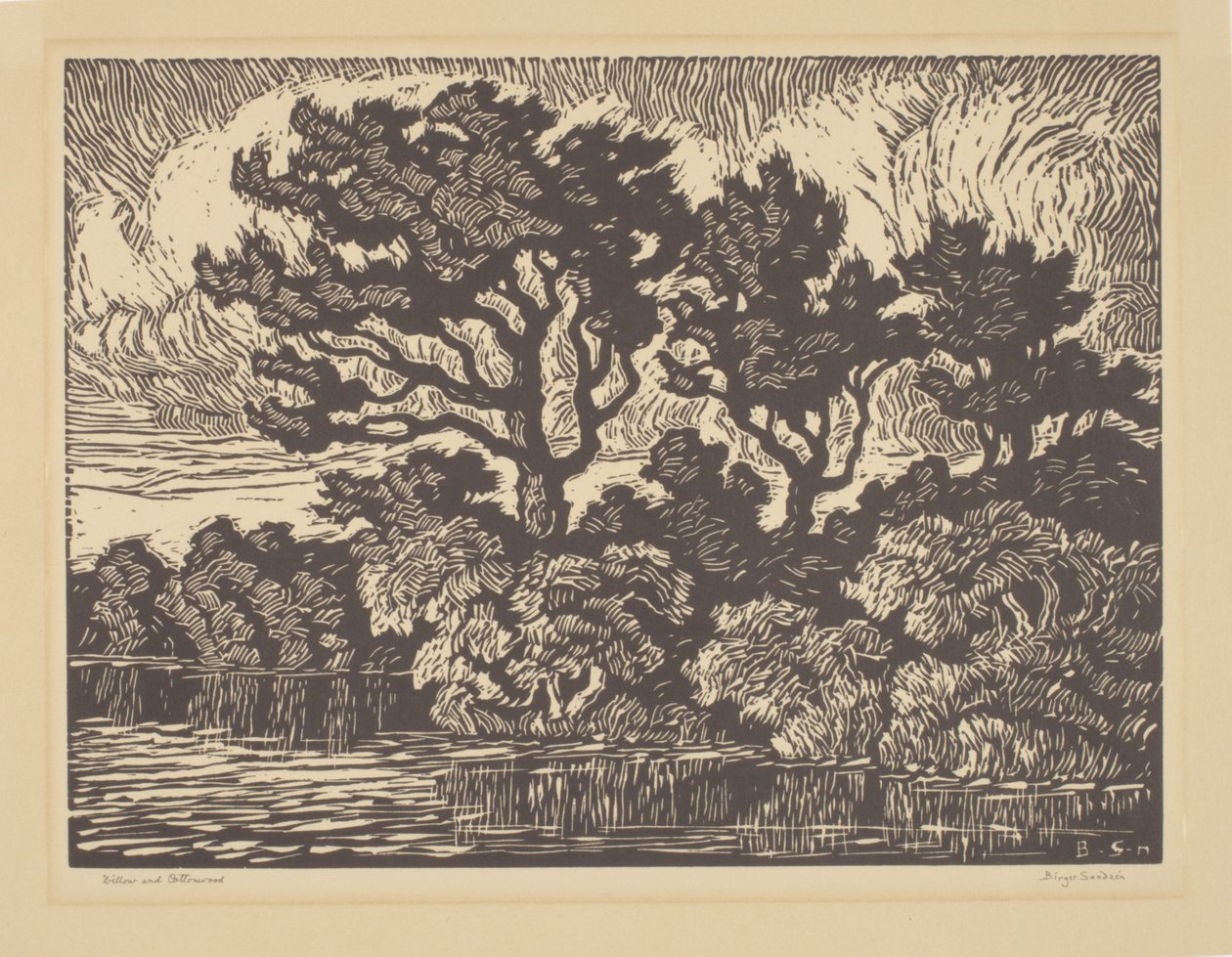 Wilg en Cottonwood, omstreeks 1931 (linoleumsnede) door Birger Sandzen