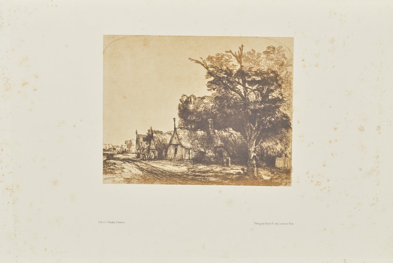 [Landschap met drie huisjes met puntgevels langs een weg]. door Bisson Frères