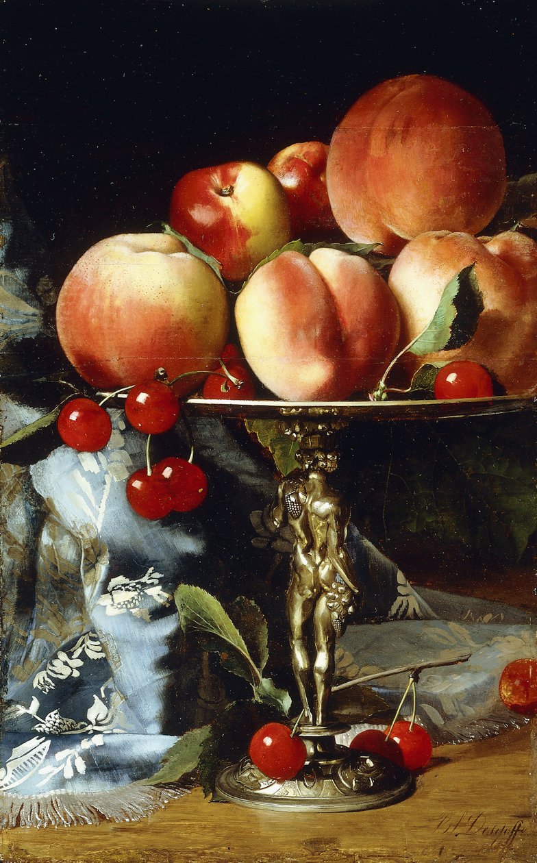 Stilleven met perziken, pruim en kersen door Blaise Alexandre Desgoffe