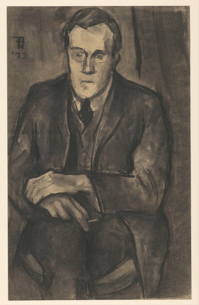 Portret van J.W. Bijl, zittend met de handen op de knieën door Bob Hanf (signed by artist)