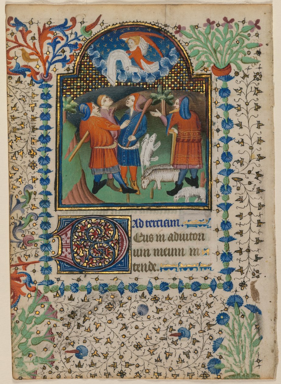 Blad uit een Getijdenboek: Aankondiging aan de Herders (recto) door Boethius Illuminator