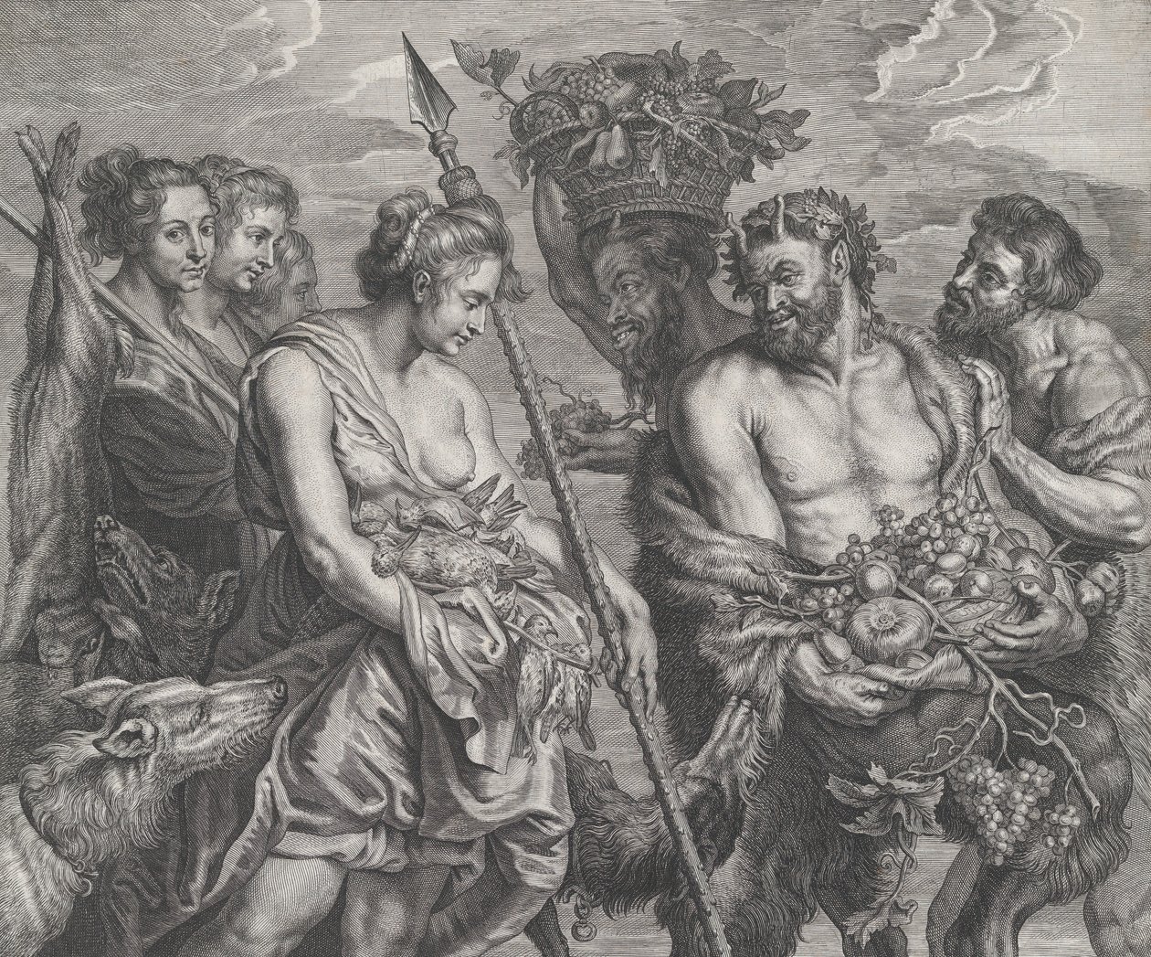 Diana terugkerend van de jacht, vergezeld door honden en haar nimfen links, twee saters..., ca. 1640-59 door Boetius Adams Bolswert