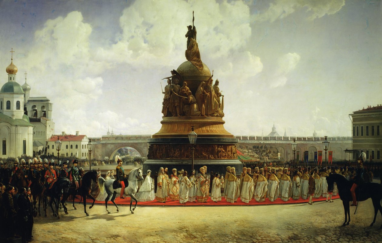 De wijding van het monument voor het millennium van Rusland in Novgorod in 1862, 1864 door Bogdan Willewalde