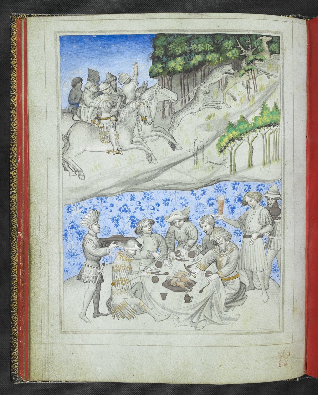 Add 24189, f.5v, Recreatie op Cyprus met, boven, een hertenjacht met luipaarden en, beneden, een feest, uit het 