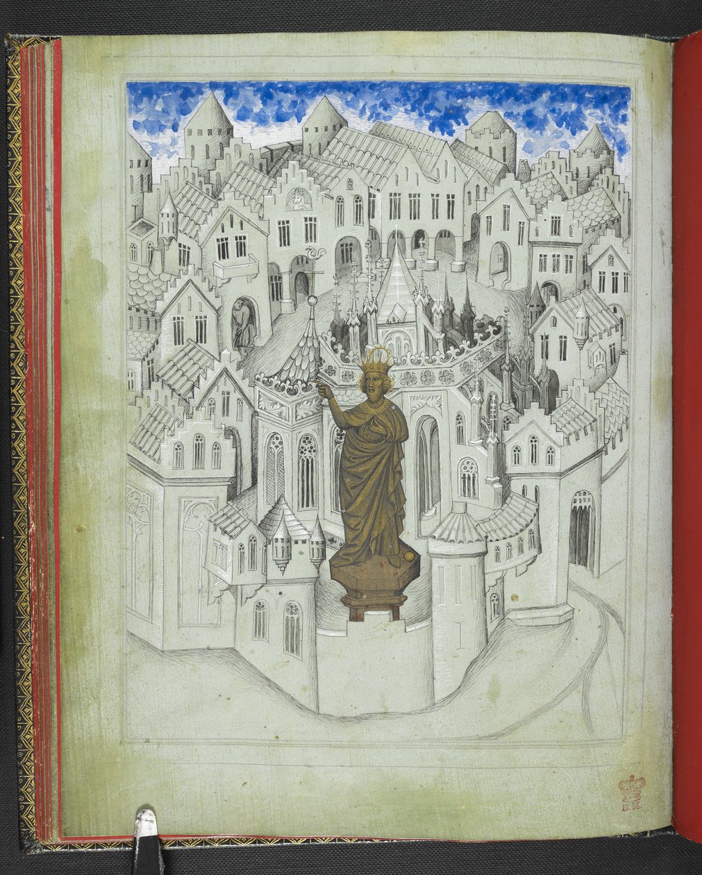 Add 24189, f.9v, De stad Constantinopel, met een groot standbeeld van keizer Justinianus voor de kathedraal van St. Sophia, uit het 