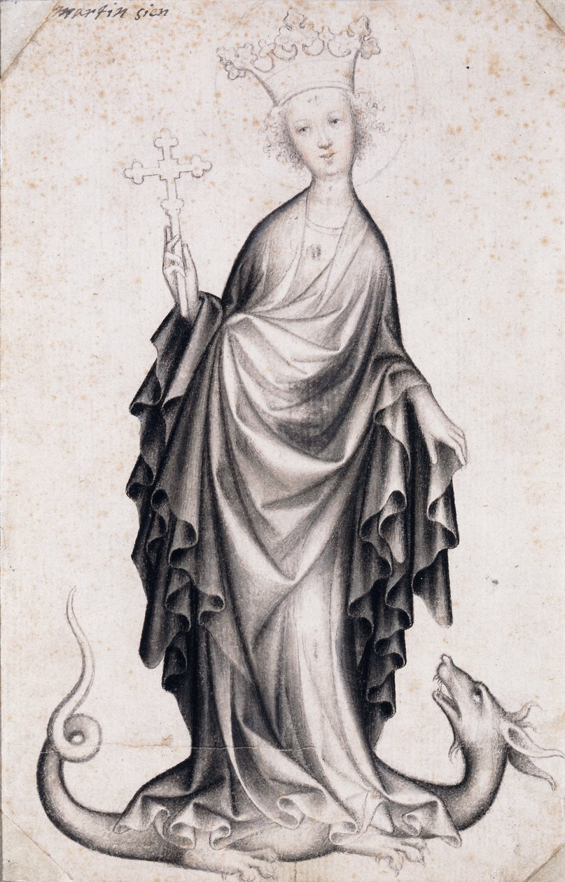 Sint Margaretha van Antiochië (overleden rond 305) (Saint Margaret) (zij houdt een crucifix vast en vertrapt een draak) - Werk van een meester uit Bohemen (actief 1410-1420), potlood en penseel op papier (21,4x14 cm), rond 1410 - Szepmuveszeti Muzeum, Boed door Bohemian School