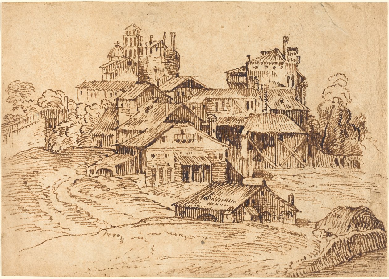 Uitzicht op een Italiaanse Stad (naar Titiaan of Domenico Campagnola) door Bolognese 17th Century