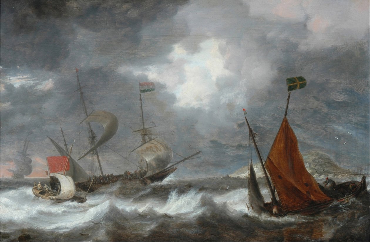 Zee storm met zeilschepen door Bonaventura Peeters