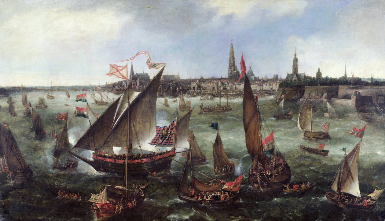 Uitzicht op de haven van Antwerpen tijdens de vieringen van de inname van Breda, 1628 door Bonaventura Peeters