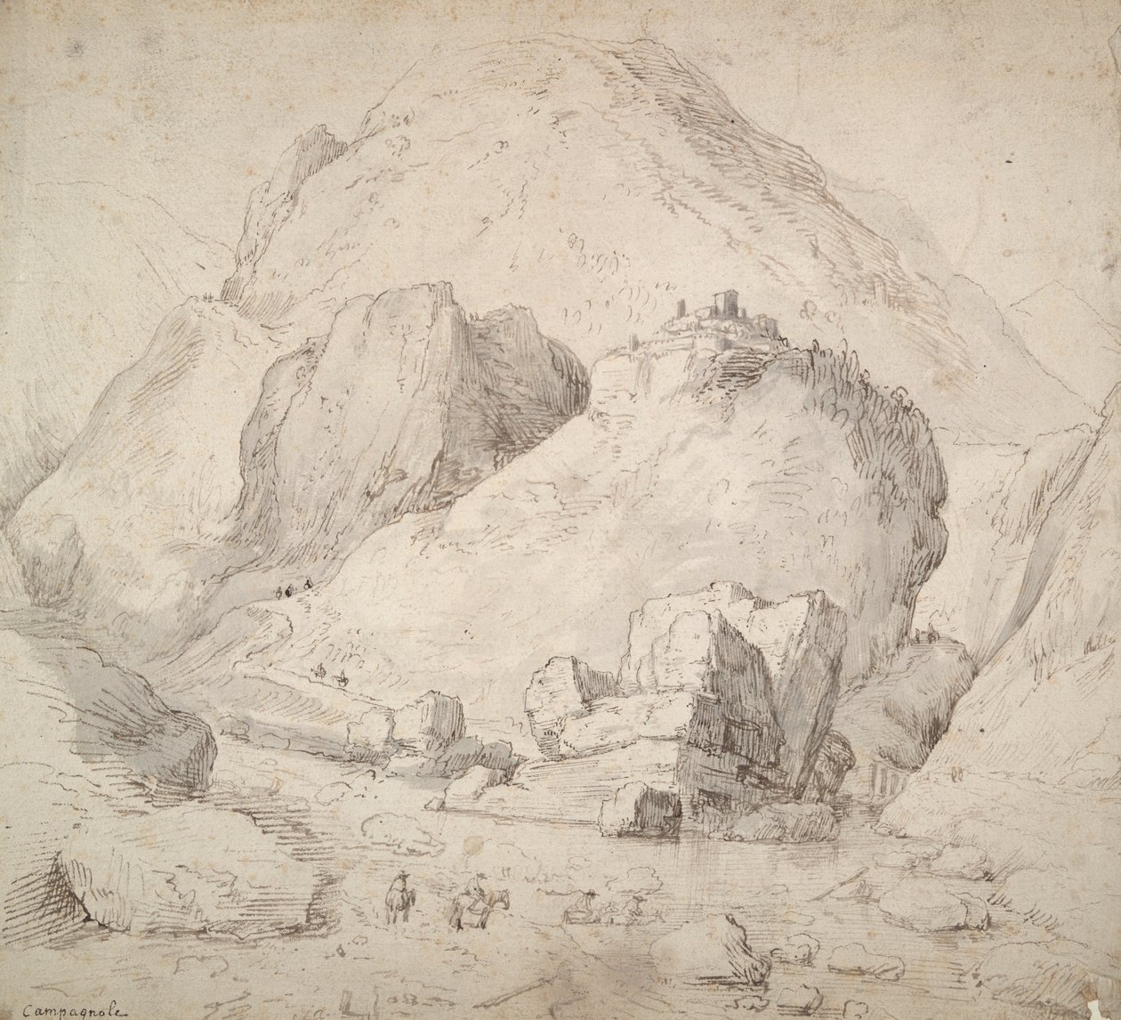 Bergachtig landschap met figuur te paard op de voorgrond door Bonaventura Peeters