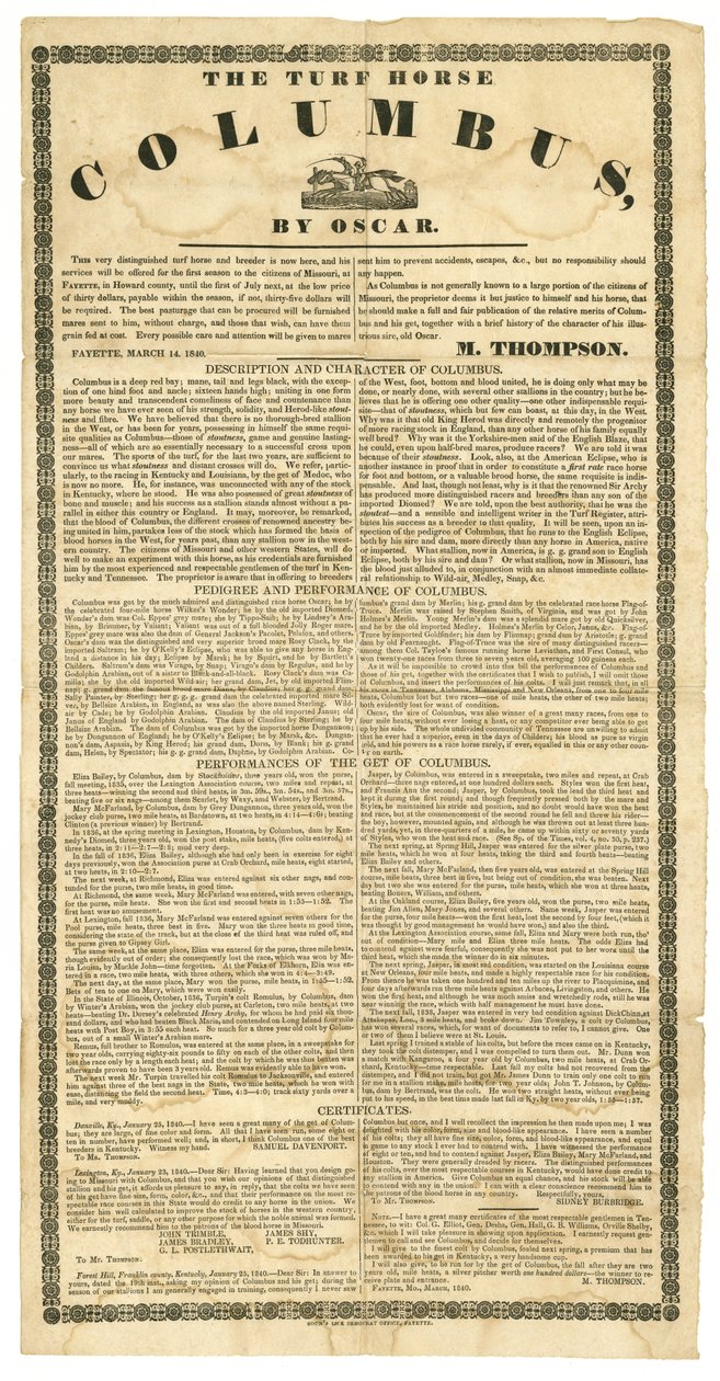 Dekhengst poster met turfpaard Columbus, Fayette, Mo., 14 maart 1840 door Boon Democrat