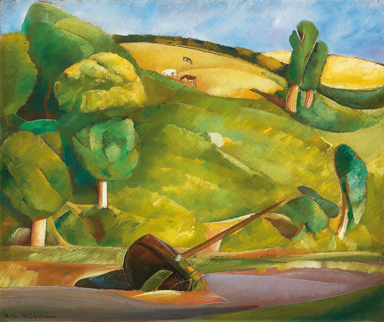 Zeilboot in een kubistisch landschap, begin jaren 1920 door Boris Dmitrievich Grigoriev