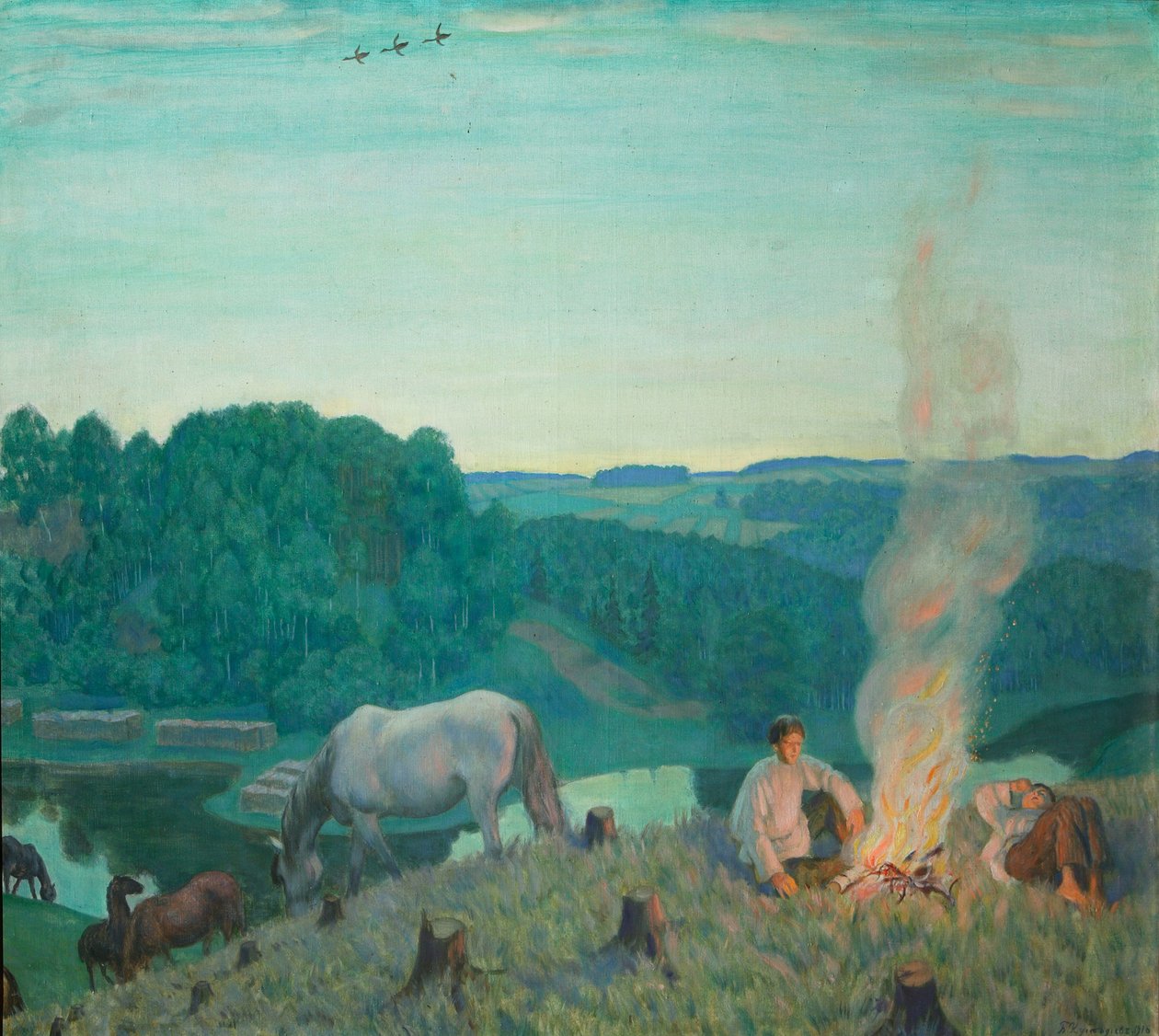 Kampvuur, 1916 door Boris Mikhailovich Kustodiev
