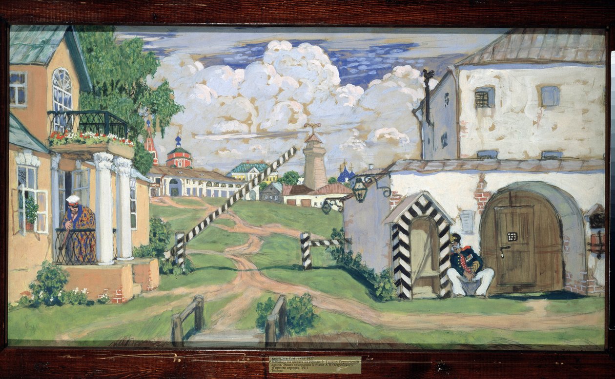Decorontwerp voor het toneelstuk Het Vurige Hart van Alexander Ostrovski door Boris Mikhailovich Kustodiev