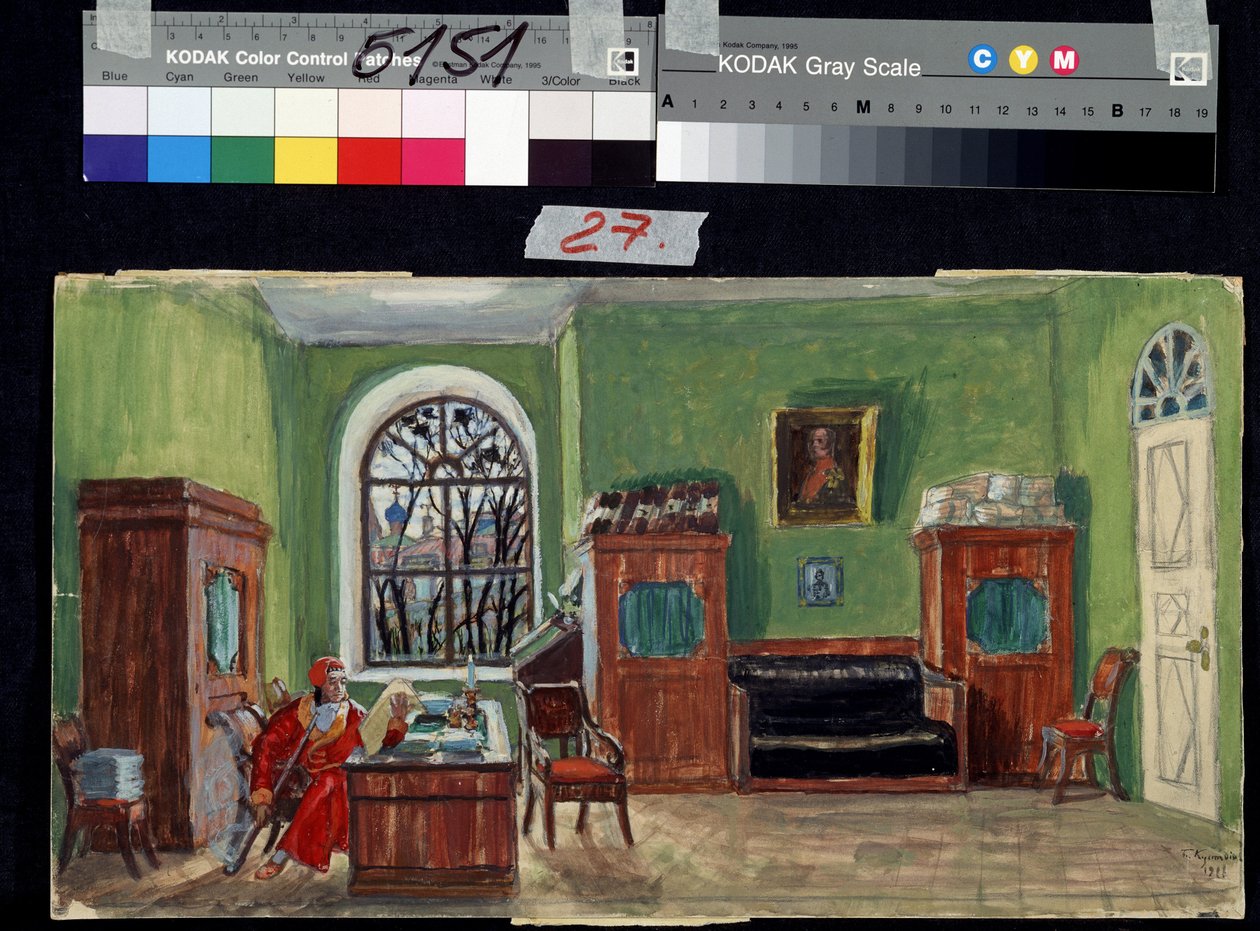 Decorontwerp voor het toneelstuk De dood van Pasoechin van Michail Saltykov-Sjtsjedrin door Boris Mikhailovich Kustodiev