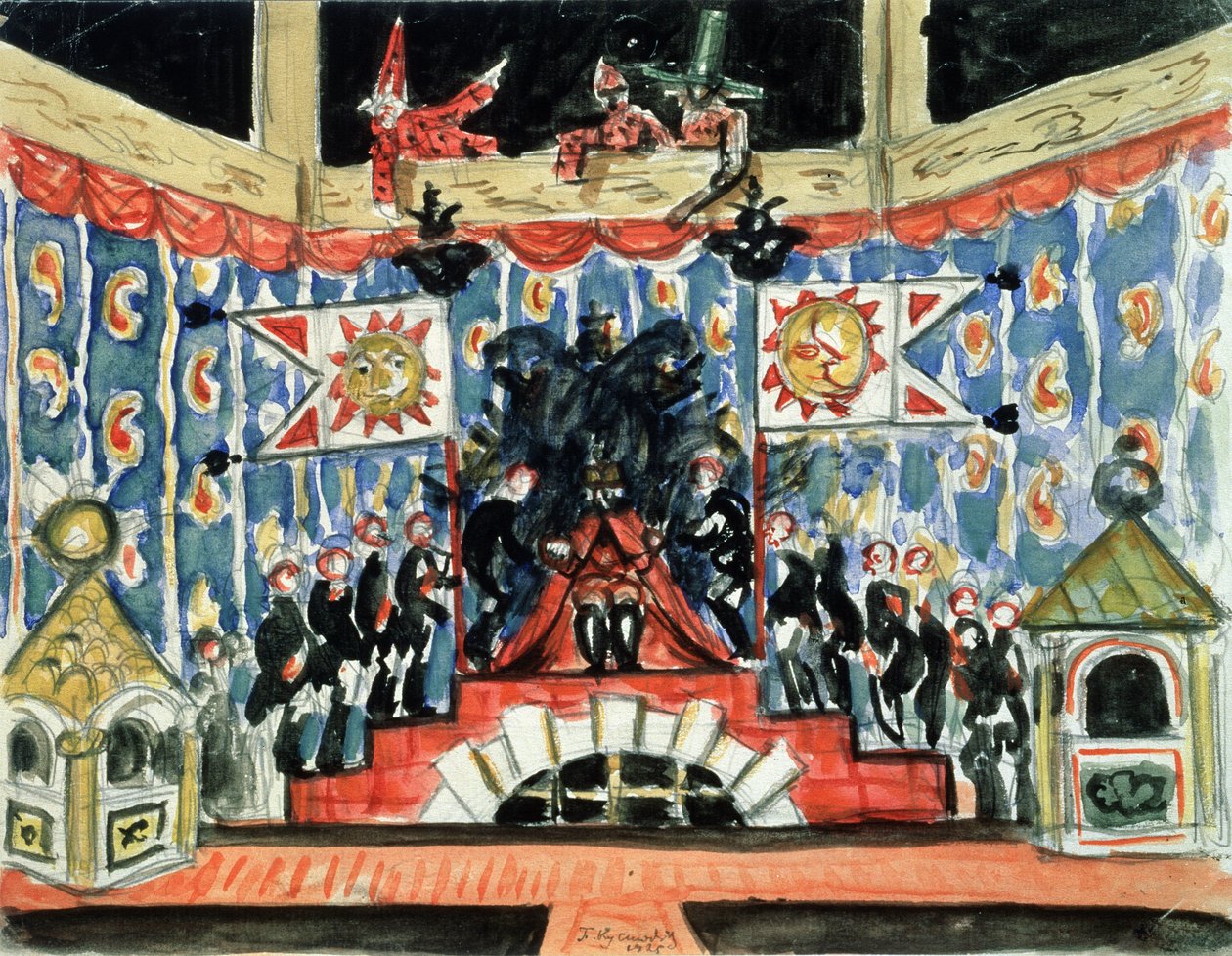 Decorontwerp voor het stuk De Vlo door E. Zamyatin door Boris Mikhailovich Kustodiev