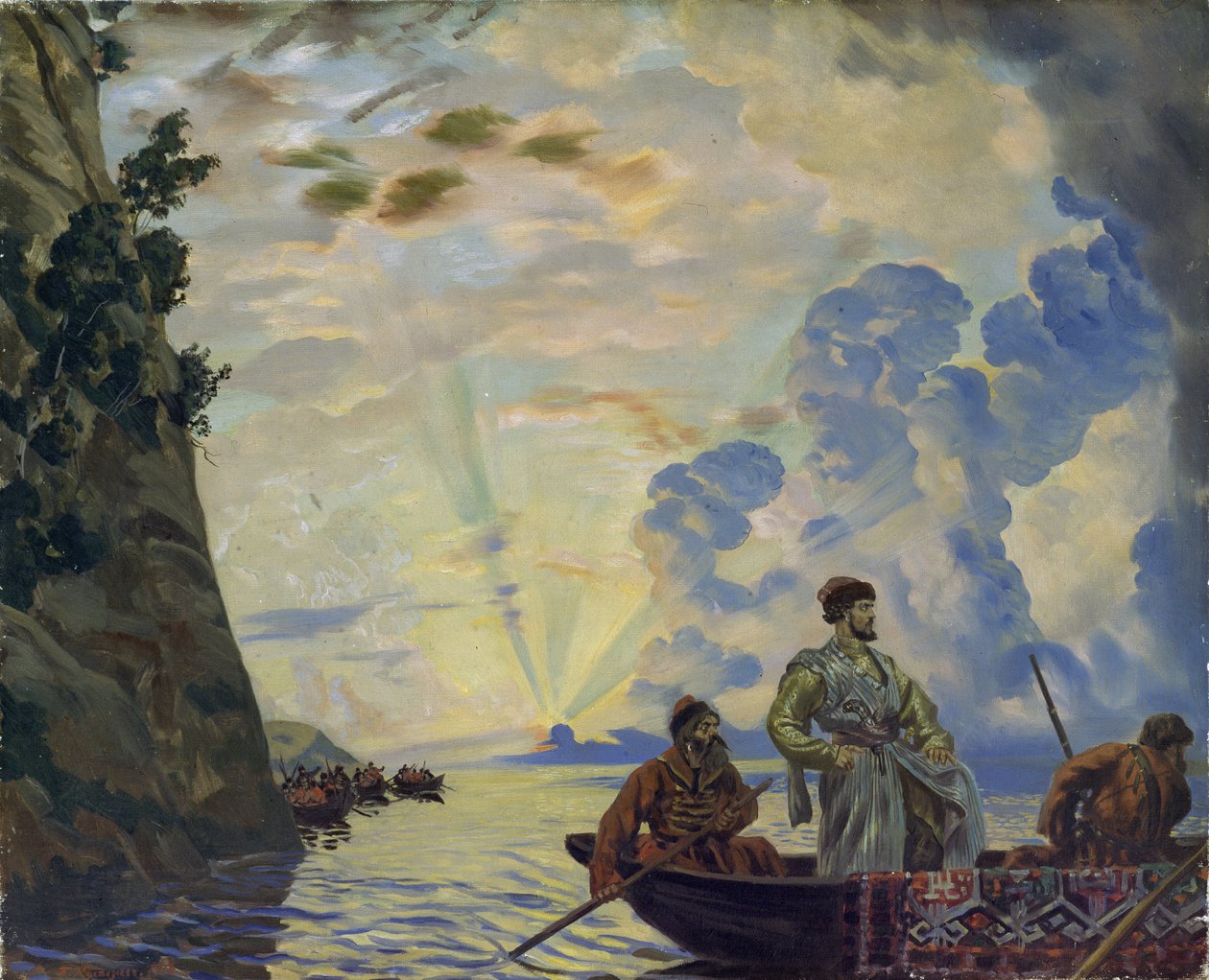 De Kozakkenleider Stepan (Stenka) Timofejevitsj Razine in een boot door Boris Mikhailovich Kustodiev