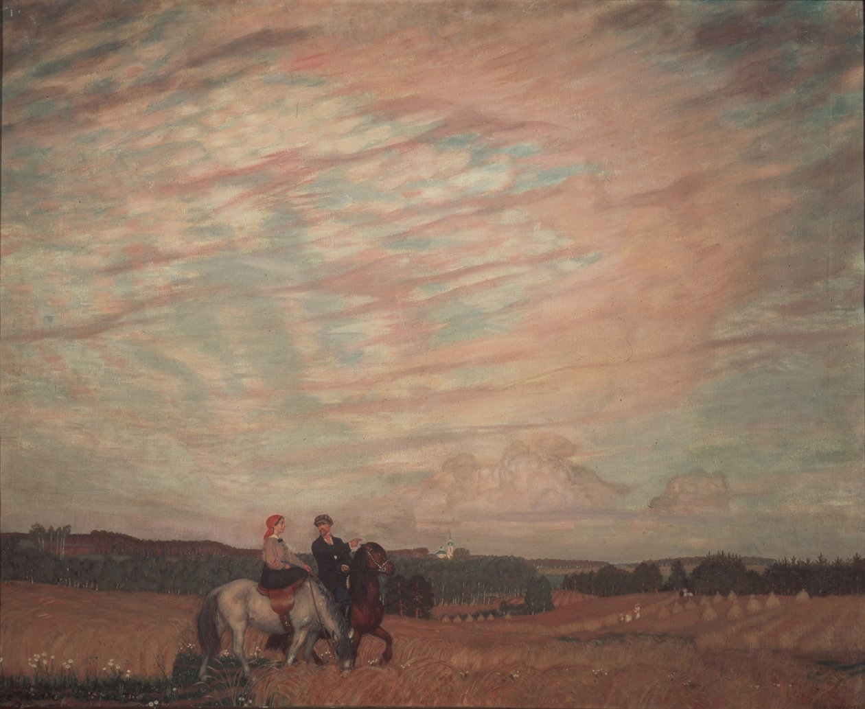 Zelfportret met de vrouw te paard door Boris Mikhailovich Kustodiev