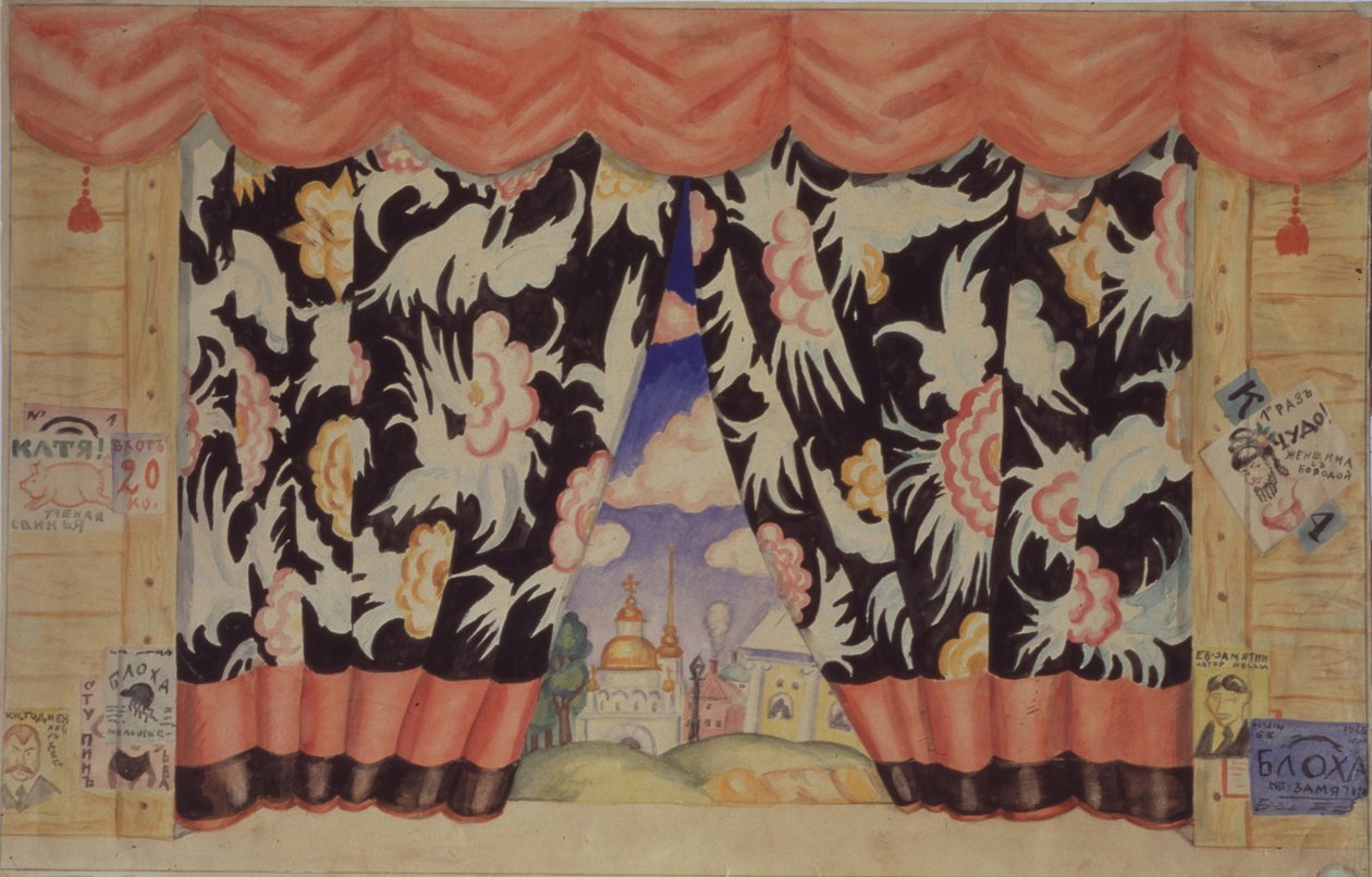 Schets van gordijn voor het toneelstuk De vlo door E. Zamyatin, 1925-1926 door Boris Mikhailovich Kustodiev