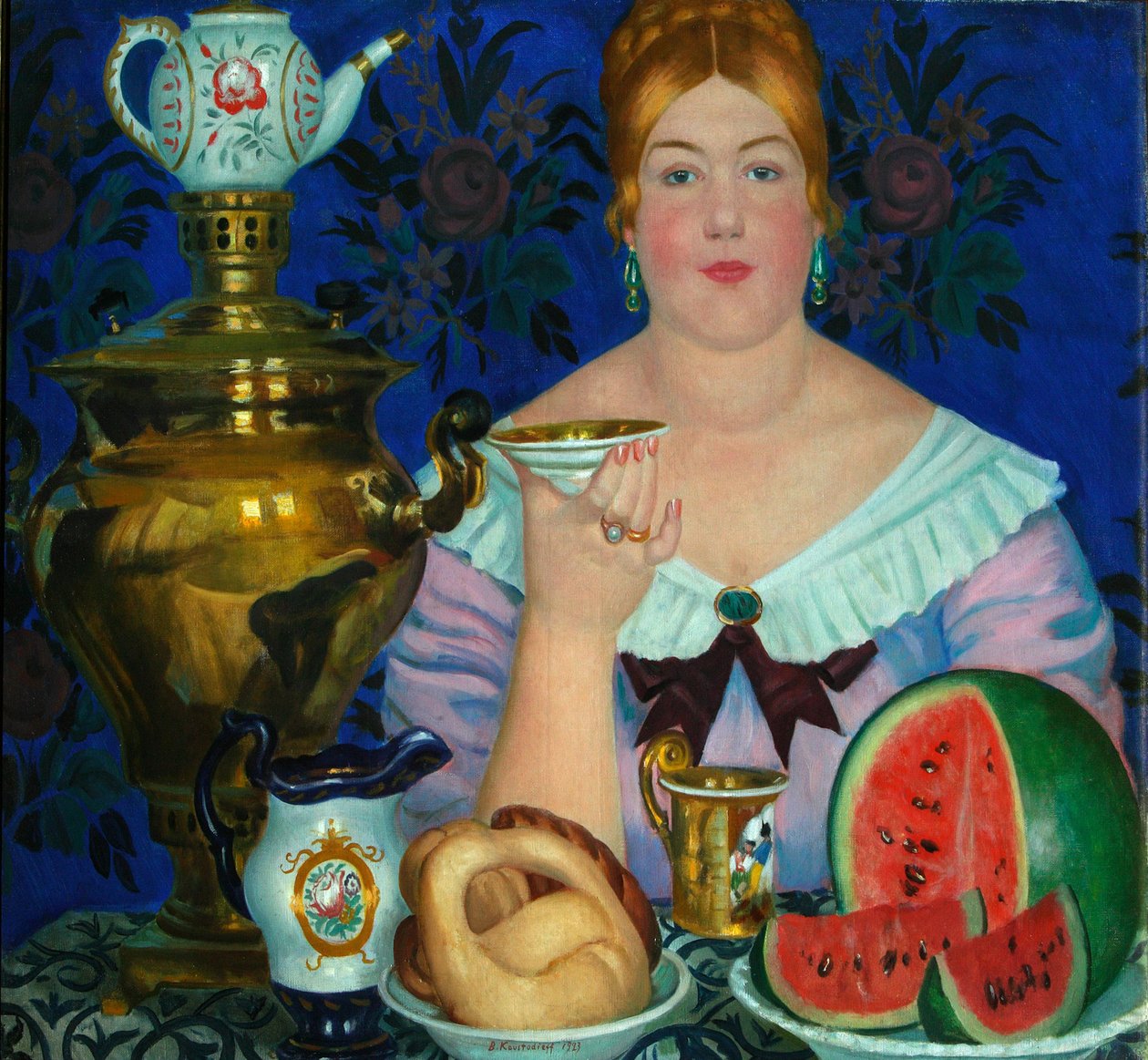 De koopmansvrouw drinkt thee, 1923 door Boris Mikhailovich Kustodiev