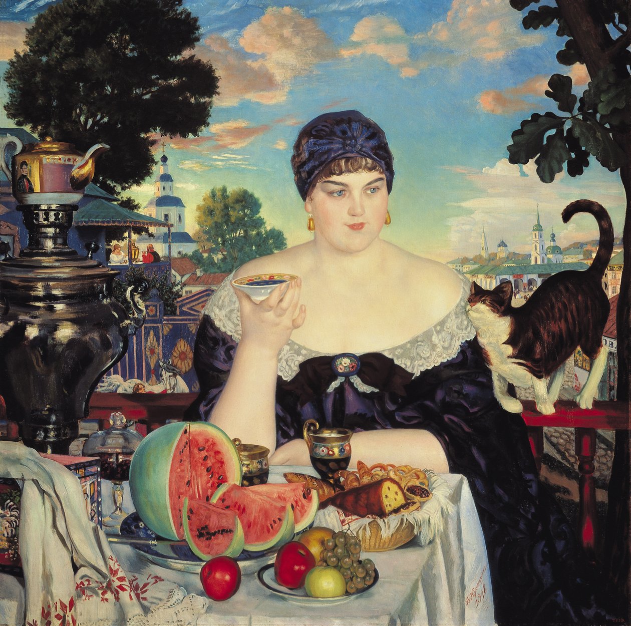De vrouw van de koopman aan de thee door Boris Mikhailovich Kustodiev
