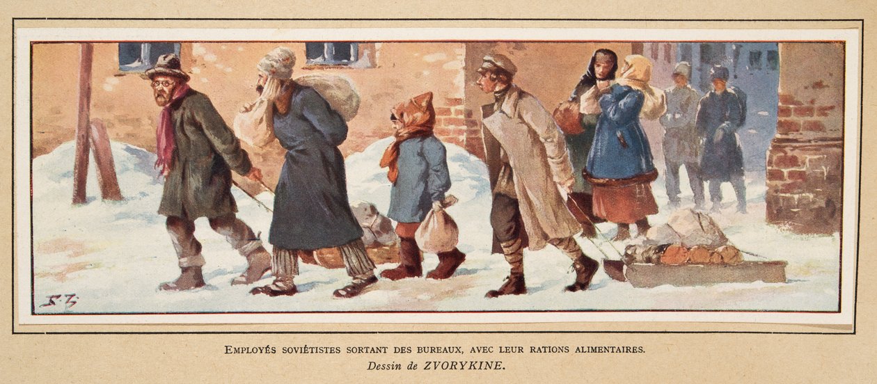 Sovjetarbeiders verlaten het kantoor met hun voedselrantsoenen, uit Histoire des Soviets, uitgegeven 1922 door Boris Vasilievich Zvorykin