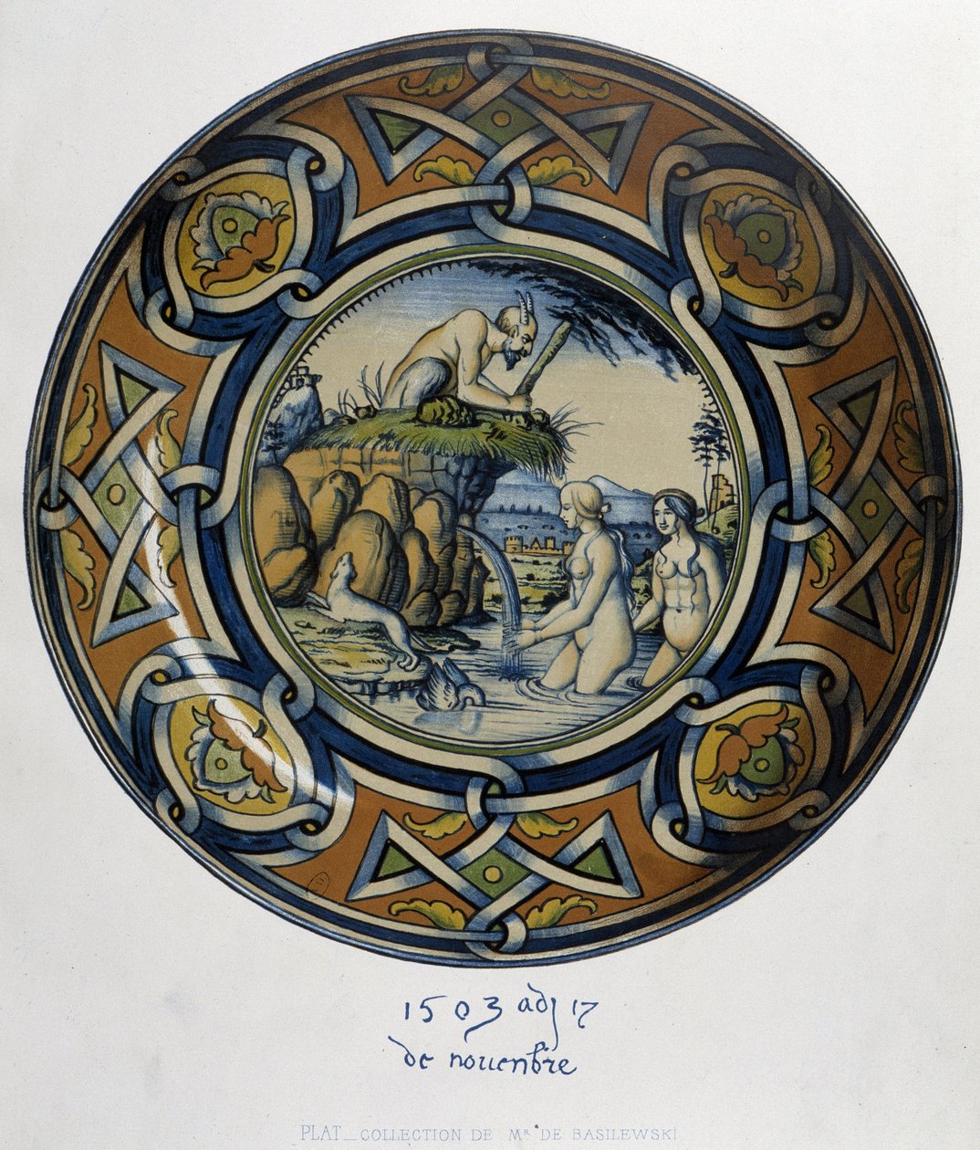 Actéon betrapt Artemis (Diana) in bad - in “Collection of Italian faiences of the XV, XVI and XVIIIth centuries”, ontworpen door C. Delange en C. Borneman, uitgegeven door Delange, Parijs door Bornemann Bornemann