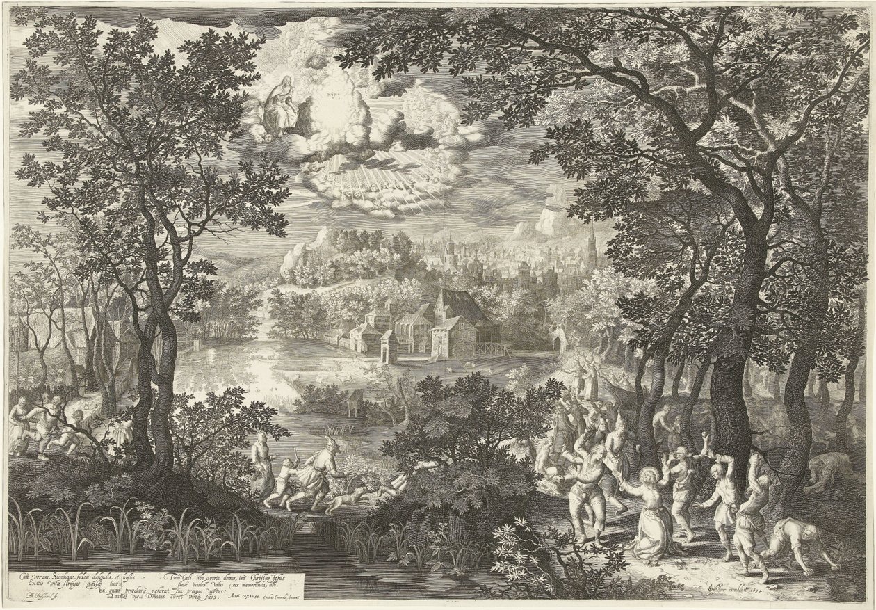 Landschap met martelaarschap van heilige Stefanus door Boëtius Adamsz. Bolswert