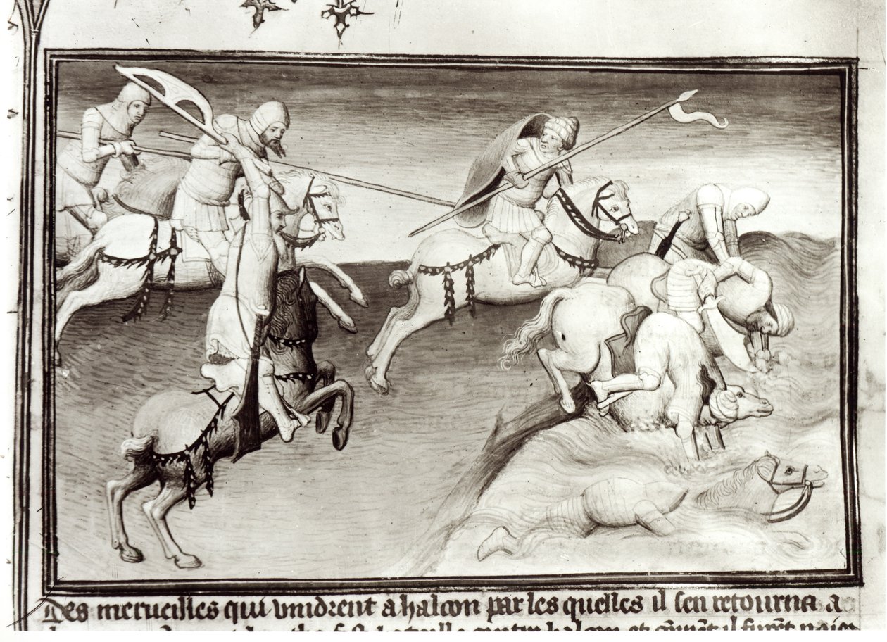 Ms Fr 2810 De Mongoolse leider, Hulagu, khan van het Ilkhanate achtervolgt zijn neef, Berke, khan van de Kipchak of Gouden Horde in 1262, dwingt hem in een rivier, uit Livre des Merveilles du Monde, c.1410 door Boucicaut Master