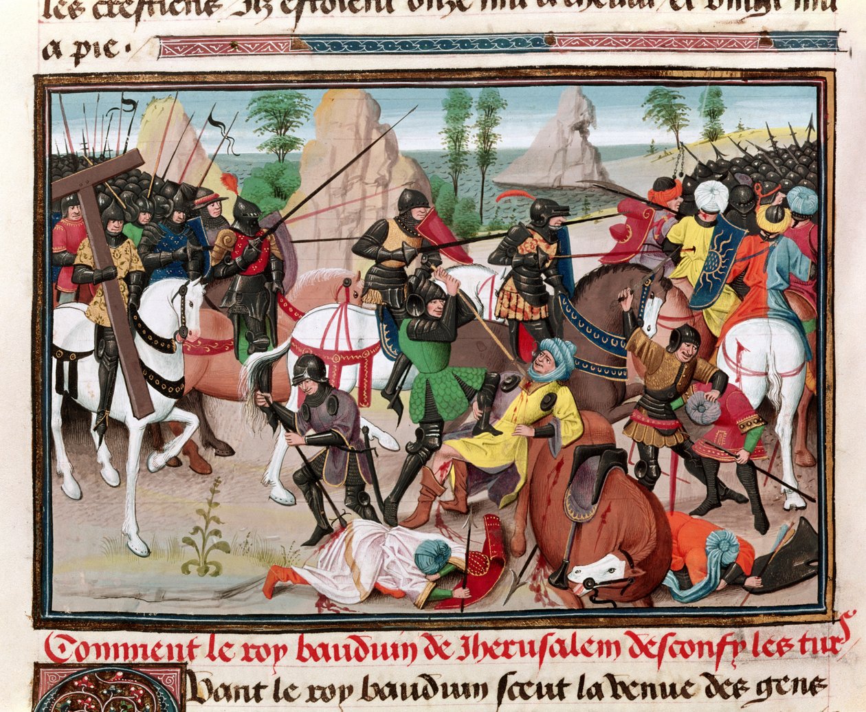 De slag tussen koning Baldwin I (c.1058-1118) en de Turken, uit Chroniques des empereurs door David Aubert, 1462 door Brabant School