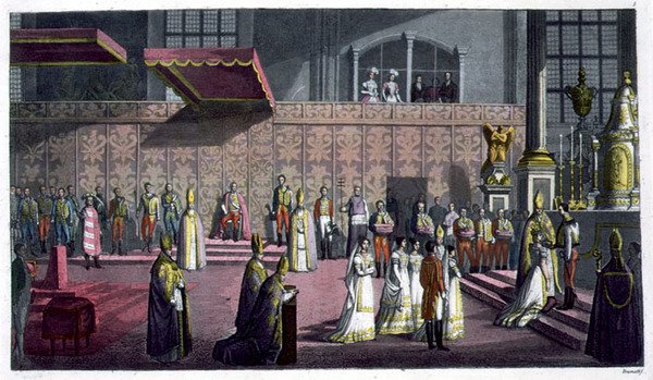 De Primaat van Hongarije kroont de Koningin in de Collegiale Kerk, Westprim, Hongarije, plaat 5 uit 